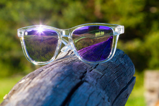 purple sunglasses on a log