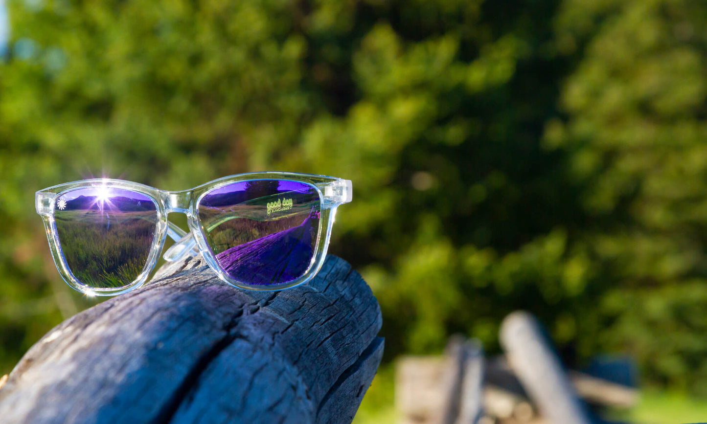 Good Day Sunglasses Purple Days Sunshines--wooden fence  view